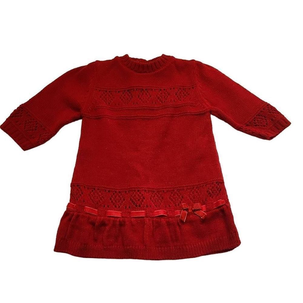 Baby 8 Girls Red Long Sleeve Sweater Dress with Beret Hat - Size 3/6 Months